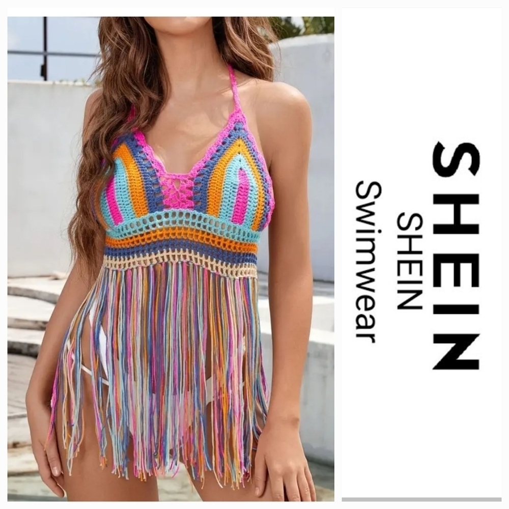 NWT SHEIN Colorful Crochet Fringe Halter Swim Top/ Cover-Up ~size Medium